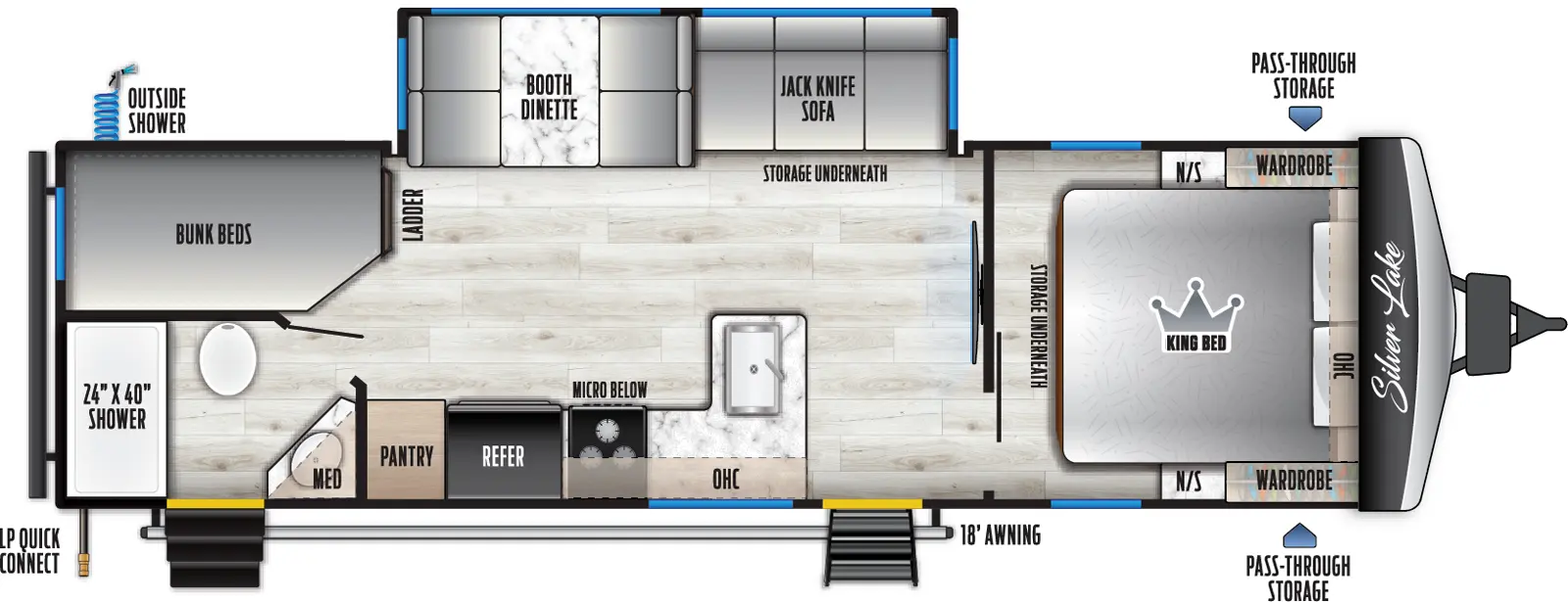 The 2700BH has one slideout and two entry doors. Exterior features rear off-door side outside shower, LP quick connect, 18 foot awning and front pass-through storage. Interior layout front to back: foot-facing king bed with under bed storage, opposing side nightstands and wardrobes, and overhead cabinet; door side entry, peninsula kitchen counter with sink wraps to door side with overhead cabinet, cooktop with microwave below, refrigerator, and pantry; off-door side slideout with jackknife sofa with storage underneath, and booth dinette; rear door side full bathroom with entry, and medicine cabinet; off-door side rear bunk beds with ladder.